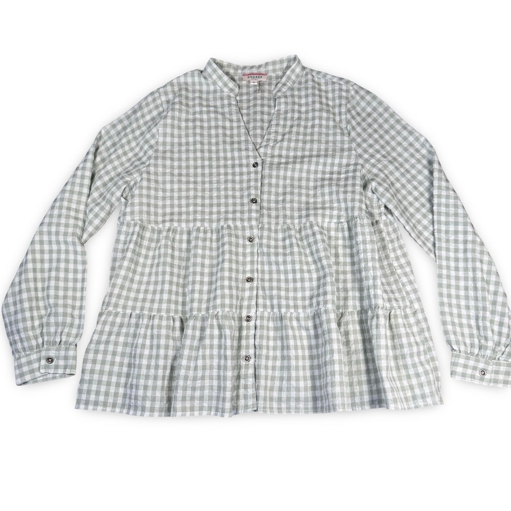 Andree by Unit Gingham Long Sleeve Tiered Blouse Medium M Plaid Peplum Babydoll